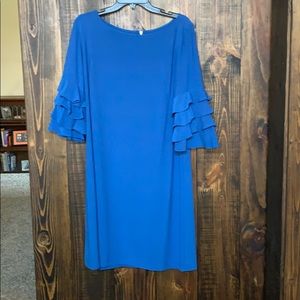 Dress, occasion, soft royal blue, ruffle sleeves.